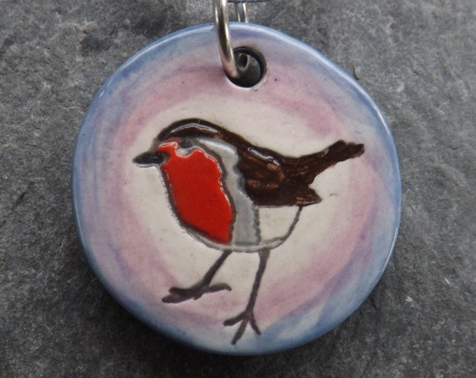 Handmade Ceramic Robin Pendant in purple, bird lover gift