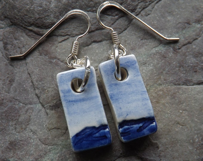 Handmade ceramic and sterling silver Seascape drop earrings in blue