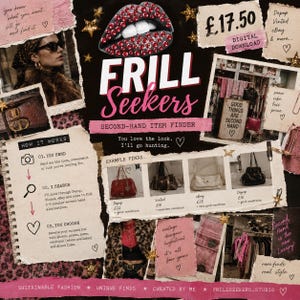 May include: A promotional graphic for a second-hand item finder service titled Frill Seekers. The design features a collage of torn paper notes, photos of handbags, a leopard print garment, and text detailing a service to hunt for vintage items.