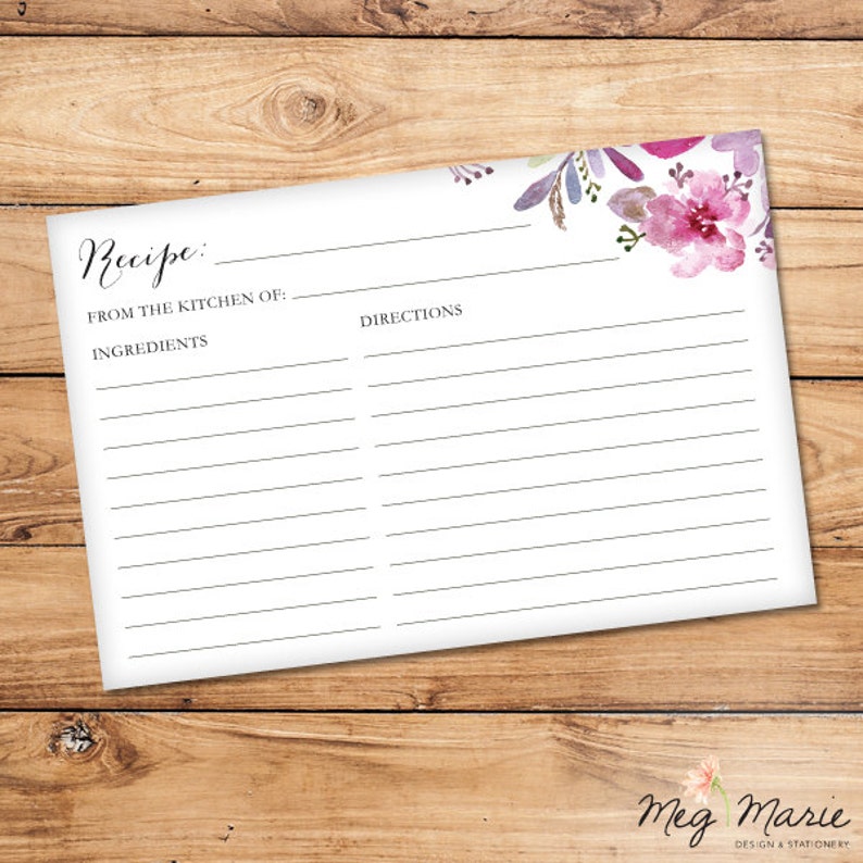 Pink /& Purple Flowers Recipe Card INSTANT DOWNLOAD 6x4 Matches PinkPurple Flowers Bridal Shower Invitation