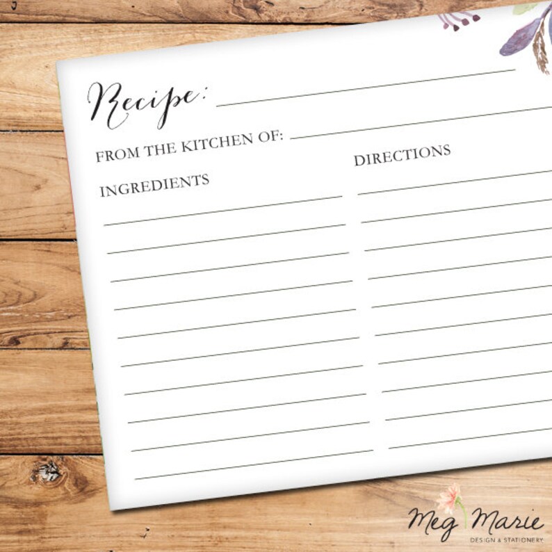 Pink /& Purple Flowers Recipe Card INSTANT DOWNLOAD 6x4 Matches PinkPurple Flowers Bridal Shower Invitation