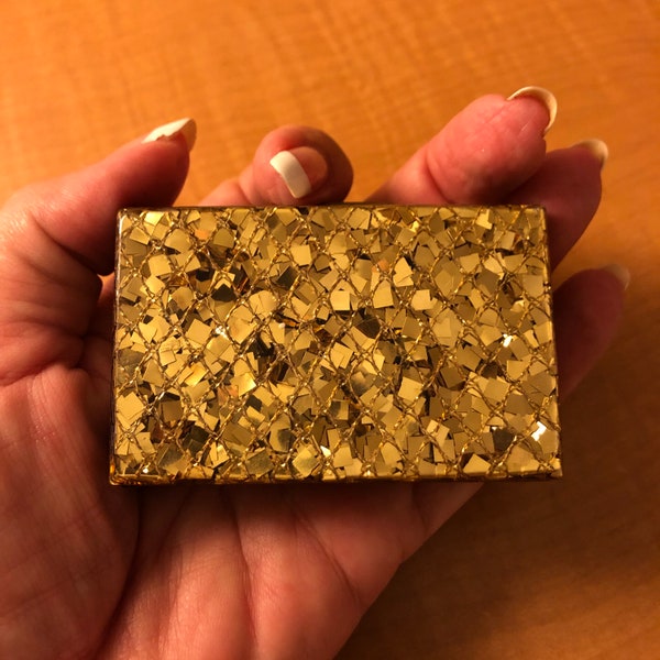 Vintage Antique Brass Gold Lucite Metallic Flake Powder Compact