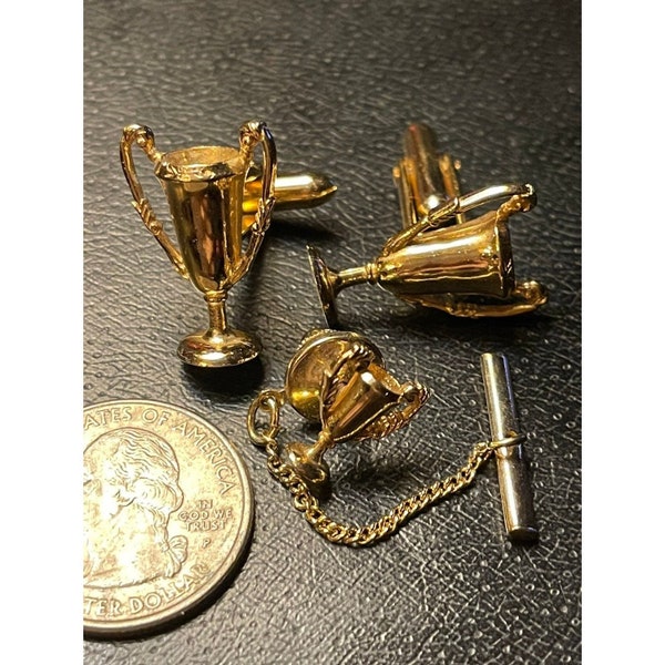 Swank Tivoli Gold Tone Trophy Cup Award Winner Cuff Links Tie Vintage