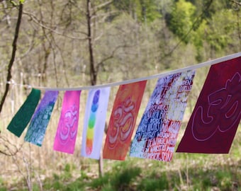 PRAYERS FLAG OM / spiritual garden decoration / Buddha wall hanging / yoga studio Dekoration/ esoteric bunting flag / outdoor chakra artwork