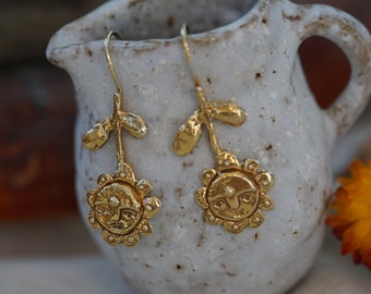 Flower people earrings / dangling earrings with face. Aztec earrings Mexican style silver moon face statement earrings