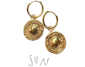 GOLDEN SUN earrings ∇∇∇ aztec gold earrings. gold plated earrings. egypt earrings gold. big round circle earrings.