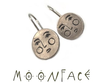 MOON FACE earrings silver ∇ gold plated round face earrings. coin earrings. lost wax earrings silver. playful earrings  925 sterling silver