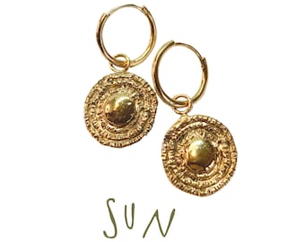 GOLDEN SUN earrings ∇∇∇ aztec gold earrings. gold plated earrings. egypt earrings gold. big round circle earrings.