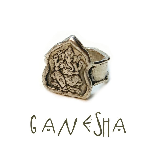 Ganesha Ring // Lord Ganesh Glück Kette Elefantengott Hindu Guardian Ring. Yoga Ring silber spiritueller schmuck mit Affirmation