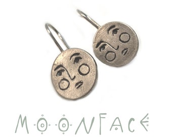 MOON FACE earrings silver ∇ gold plated round face earrings. coin earrings. lost wax earrings silver. playful earrings  925 sterling silver