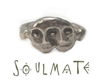 Twin Flame Ring, Soulmate Two Face Handcarved Horror Spiritual Silver Ring, Dual Souls Handmade Ring Gift For Her