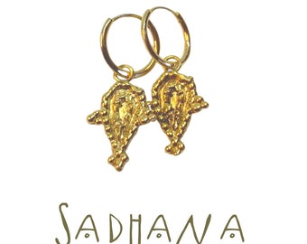 SADHANA FLOWER hoops // boho gold plated flower charm earrings, spiritual yoga flower golden charm earrings affirmation jewelry