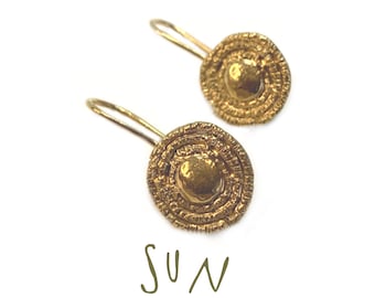 GOLDEN SUN EARRING, Big Round Gold Plated Sunshine Hoop Earrings, Handmade Gold Flower Circle Earrings