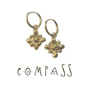 COMPASS creoles earrings // Square hoop gold plated fashionable earrings, compass charm coin pendant earrings gift for her, spiritual art