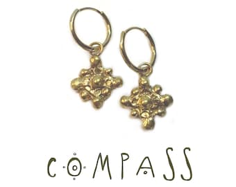 COMPASS creoles earrings // Square hoop gold plated fashionable earrings, compass charm coin pendant earrings gift for her, spiritual art