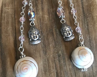Rose Quartz, Shell, Crystal & Buddah Charm Earrings