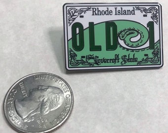 OLD 1 - Thee Lovecraft State, Rhode Island vanity plate enamel pin.