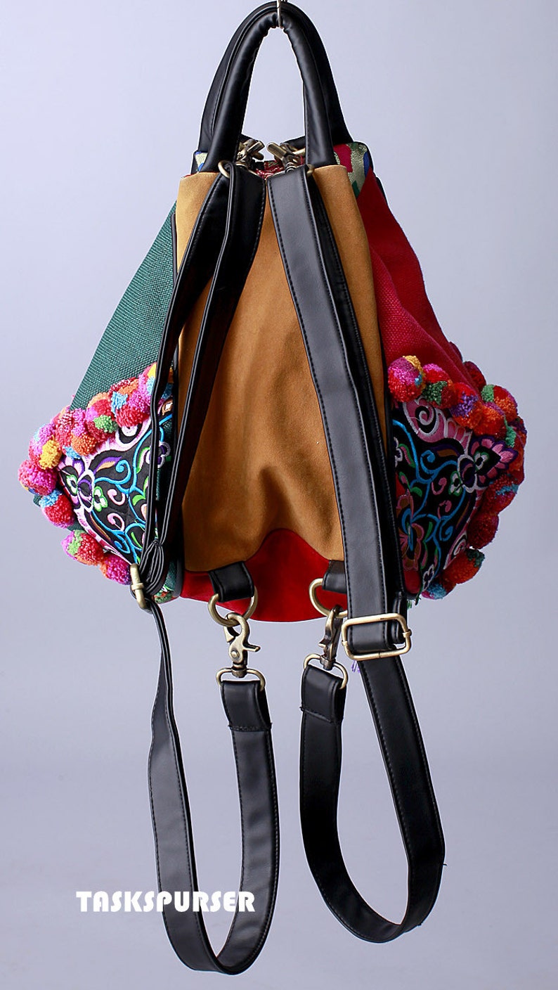 Backpack Book Bag Handmade Hmong Vintage Fabric Ethnic BackpackEmbroidery BackpackDouble-sided embroidery Backpack