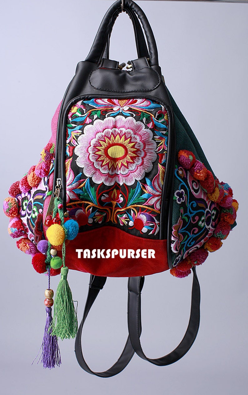 Backpack Book Bag Handmade Hmong Vintage Fabric Ethnic BackpackEmbroidery BackpackDouble-sided embroidery Backpack