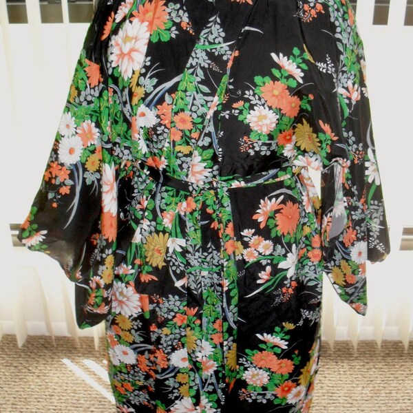 Vintage Yukata Kimono Black & Orange Floral Pattern made in Japan