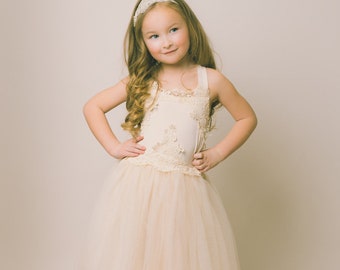 The Evangeline - Ivory, chiffon, lace, boho, tulle, Flower Girl Dress, girls toddler dress