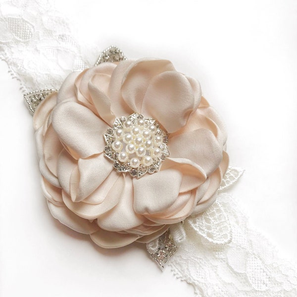 Kelsi Ivory vintage rosette baby headband, girl couture headband, lace vintage headband, newborn headband,baby headband,Flower girl headband