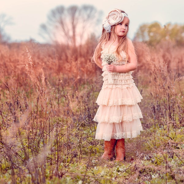 Rustic Flower Girl Dress- Flower Girl Dresses- Dress includes shades of Beige Flowers- Rustic Girls Dress- Baby Lace Dress-Junior Bridesmaid