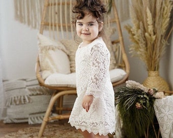 Chloe Lace Flower Girl Dress-Christening Baptism Dress-Rustic Flower Girl-Long Sleeve Girl Dress-Bridesmaid-Country Flower Girl-Birthday