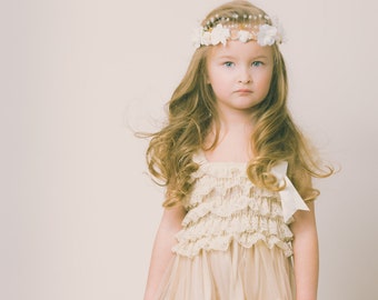 Eloise Champagne Lace Flower Girl Dress-Ivory Lace Baby Doll Dress/Rustic Flower Girl/-Vintage-Shabby Chic Flower Girl Dress-Vintage Sash