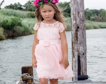 Vestido de niña de flores de gasa con encaje, color rosa ruborizado, Charlotte original, diseñado para niñas pequeñas de 1T, 2T, 3T, 4T, 5T, 6, 7, 8, 9/10 años