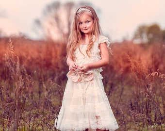 Vestido de niña flor de Eloise, vestido de niña de flores rústica, vestido de niña flor vintage, ShabbyChic chica, vestido de encaje de marfil, vestido de niña de flores de campo