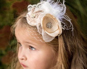 The Penelope Flower Girl Headband, Vintage Satin Rosette Flower, pearls, rhinestones, birdcage netting, feather, lace embellishments