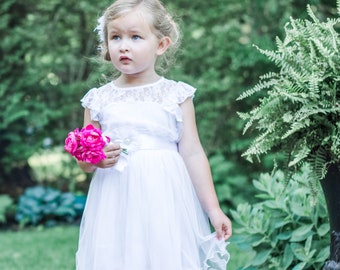 The Original Charlotte - White, Lace, Chiffon Flower Girl Dress, made for girls, toddlers, ages 1T, 2T,3T,4T, 5T, 6, 7, 8, 9/10,11/12,13/14