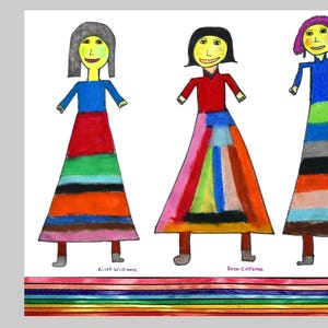 May include: A drawing of three people wearing colorful dresses. The dresses are made of stripes and geometric shapes. The drawing is titled "Girls in Red".