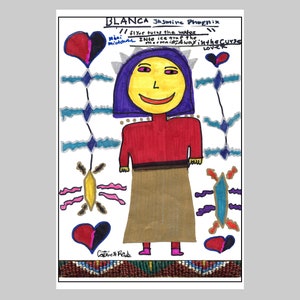 May include: A colorful illustration of a woman with purple hair and a red shirt. The woman is standing in front of a white background with various shapes and symbols. The text "BLANCA Jasmine Phoenix" is at the top of the image. The text "// flyer tuins the water Into ice trap the Mermaid Away in the Curse LOVER //" is below the woman's head. The text "Can Rede" is at the bottom of the image.