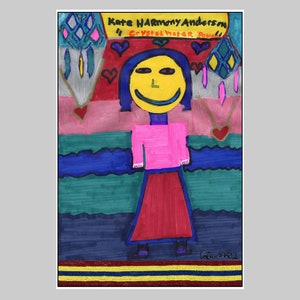 May include: A colorful drawing of a smiling person with blue hair, wearing a pink shirt and a red skirt. The background is a mix of red, pink, green, blue, and yellow. The text "Kate Harmony Anderson" and "Crystal Water Power" is written at the top of the drawing.