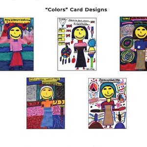 May include: Five colorful cards with drawings of people with smiling faces. Each card has a different design and includes text. The cards are titled "Colors" Card Designs.
