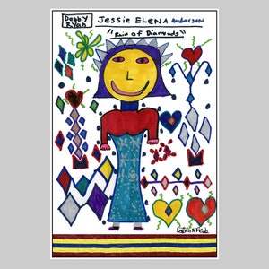 May include: A colorful drawing of a person with a yellow face, purple hair, and a red shirt. The person is surrounded by colorful geometric shapes, including diamonds and hearts. The drawing is titled "Jessie Elena Anderson" and "Rain of Diamonds".