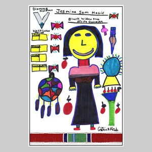 May include: A colorful drawing of a woman with black hair and a yellow face. She is wearing a black dress, a pink shirt, and red shoes. The drawing includes the text "Jasmine Sam Magic" and "Black Widow Free Sprite Guardian".
