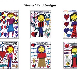 May include: Six colorful card designs featuring illustrations of people with hearts and other abstract designs. Each card has a name and a title at the top. The cards are titled "Hearts" Card Designs.
