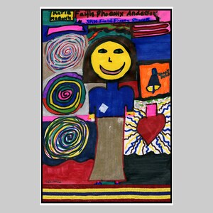 May include: A colorful abstract painting featuring a smiling yellow face with brown hair, a blue shirt, and a brown skirt. The painting also includes a red heart, a bell, and several swirling circles in various colors.