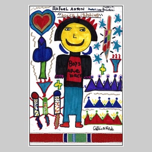 May include: A colorful drawing of a person with a red shirt that says "Boys are back" and a blue crown with yellow stars. The drawing is on a white background with a red, green, and blue border.