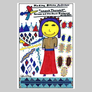 May include: A colorful drawing of a person with a crown and a red skirt. The drawing is titled "Marina Emma Anderson "Leaser Thunder" Queen of the Dark Ench King done" and signed "Cotin Rede".