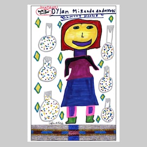 May include: A colorful drawing of a person with red hair and a purple shirt, standing in front of a white background with several colorful, round objects. The drawing is titled "Dylan Miranda Anderson Diamond Healer".