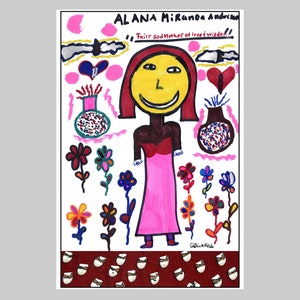 May include: A colorful drawing of a smiling woman with red hair, a pink dress, and a yellow face. The drawing is surrounded by flowers and hearts. The text "ALANA MiRANDA Anderson" and "Fairy godmother of love & wisdom!" is written at the top of the drawing.