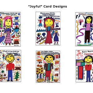 May include: A pack of six colorful, hand-drawn greeting cards with the title "Joyful" at the top. Each card features a unique illustration of a smiling person with various designs and text. The phrase "Pack contains 1 of each design" is on the left.