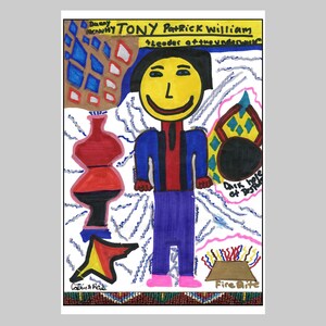 May include: A colorful drawing of a person with a blue jacket, red shirt, and purple pants. The person is smiling and has black hair. The drawing is surrounded by various shapes and symbols, including a red vase, a black hole, and a fire pit.