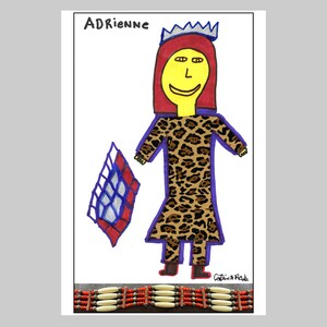 May include: A hand-drawn illustration of a person wearing a leopard print dress and a crown. The person has red hair and a yellow face. The illustration is on a white background with a blue and red geometric shape and a beaded necklace at the bottom.