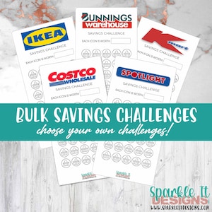 Op de afbeelding: Een printbare spaaruitdagingstracker met een witte achtergrond en zwarte winkelwagenpictogrammen. De tracker bevat logo's van populaire winkels zoals IKEA, Bunnings Warehouse, Kmart, Costco Wholesale en Spotlight. De tekst "Bulk Savings Challenges choose your own challenges!" staat onderaan de pagina.