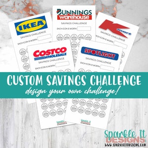 May include: A printable savings challenge tracker with a white background and black outlines. The tracker features logos for popular stores such as IKEA, Bunnings Warehouse, Kmart, Costco Wholesale, and Spotlight. Each logo has a section for a savings challenge with the text "Savings Challenge" and "Each icon is worth". The tracker includes a grid of shopping cart icons for tracking savings.